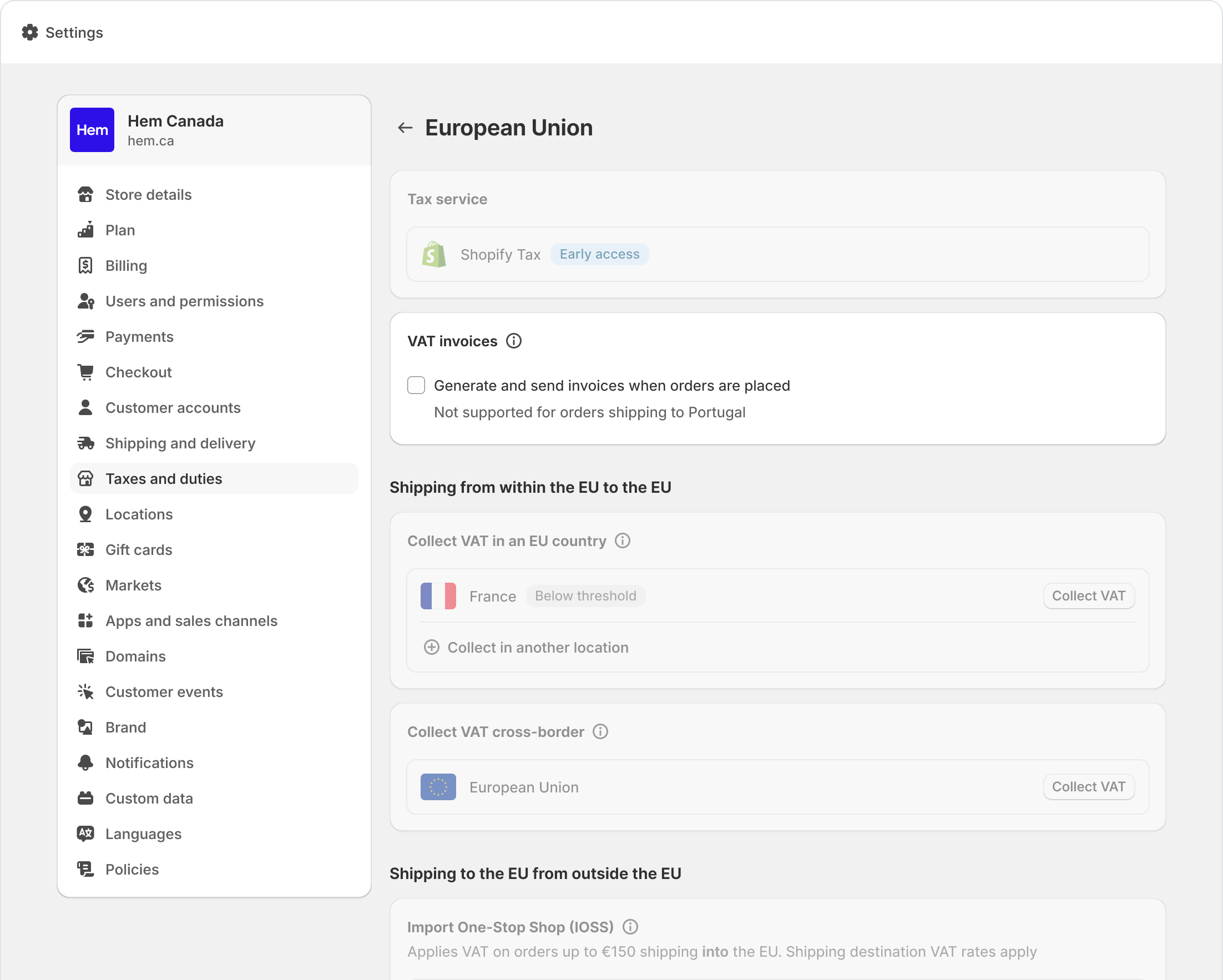 Shopify Tax EU/UK — VAT settings surface.