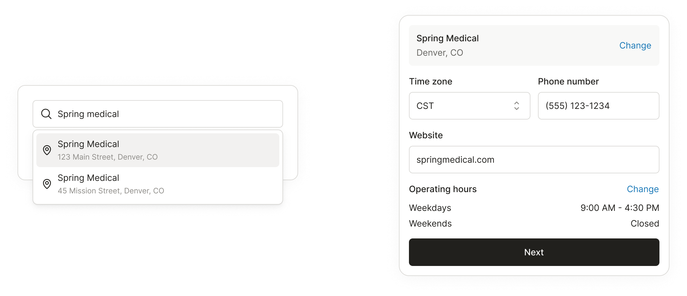 Onboarding — autocomplete and detail steps.