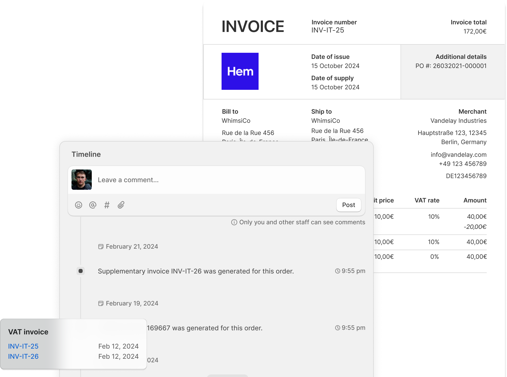 Shopify Tax EU/UK — invoice doc, order timeline, and VAT card together.